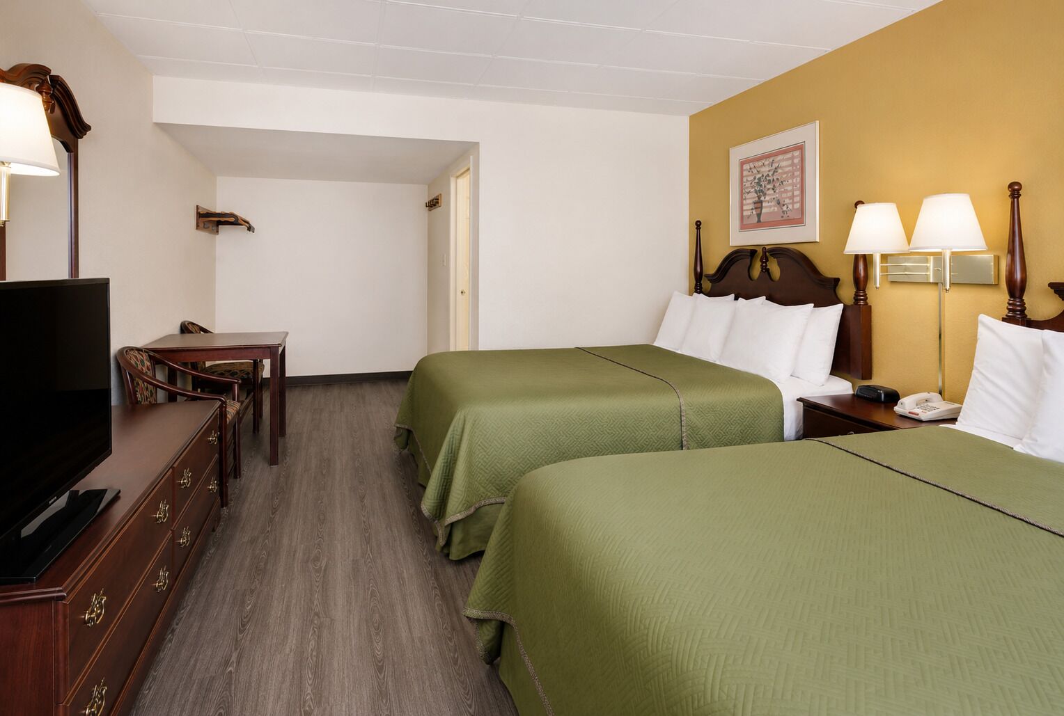 Standard Room, 2 Queen Bed, Non Smoking | In-room safe, desk, blackout drapes, iron/ironing board