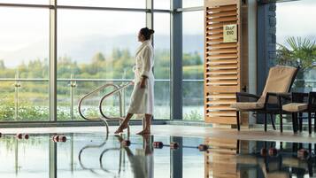 Indoor pool, seasonal outdoor pool, lifeguards on site