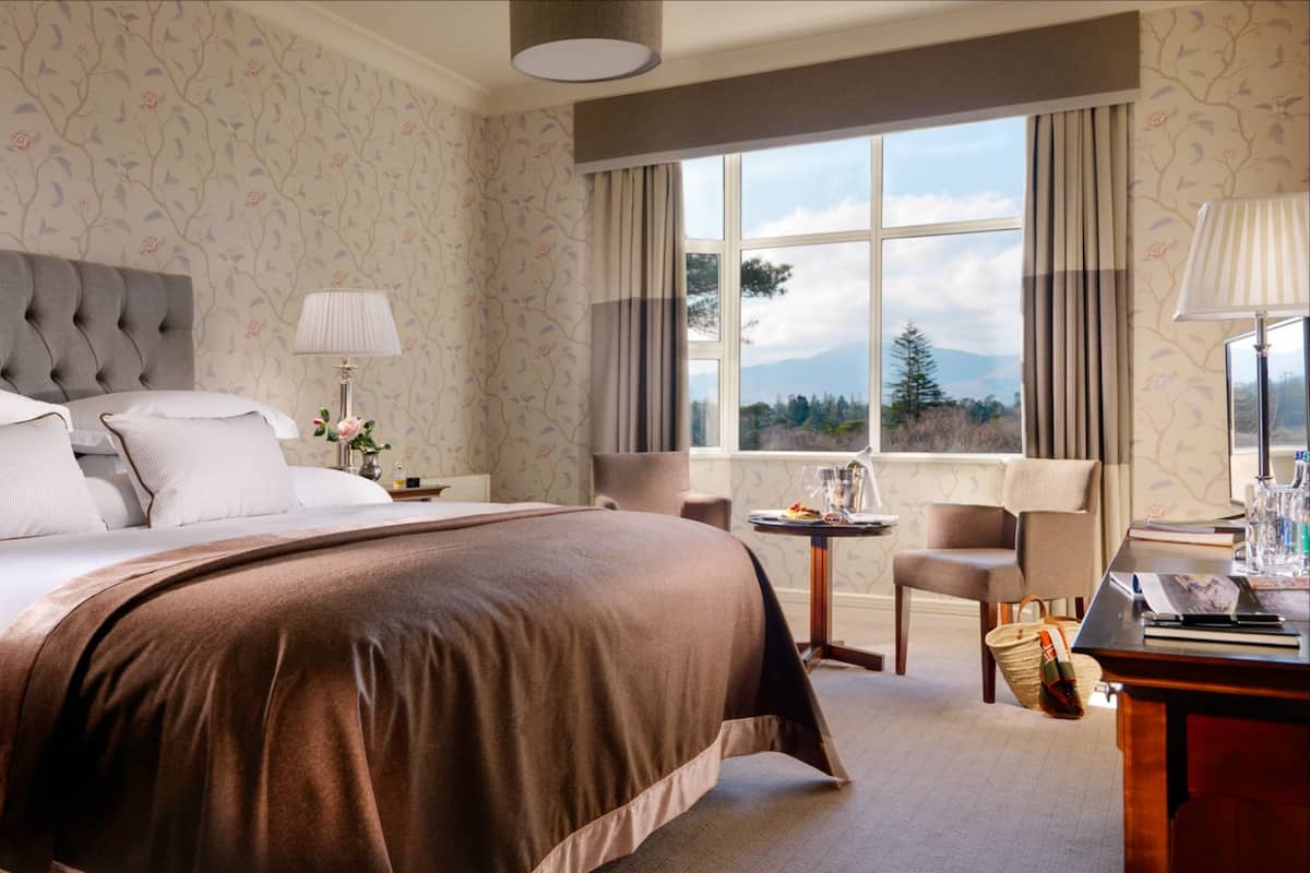 A hotel room with a large bed, a nightstand, a chair, a small table with a lamp, and a view of the outdoors through a large window.