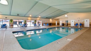 Indoor pool, open 10:00 AM to 8:00 PM, pool loungers