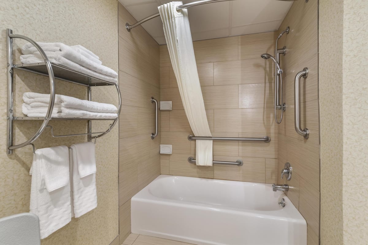 standard room, 1 king bed, accessible, refrigerator & microwave | bathroom | combined shower/bathtub, free toiletries, hair dryer, towels