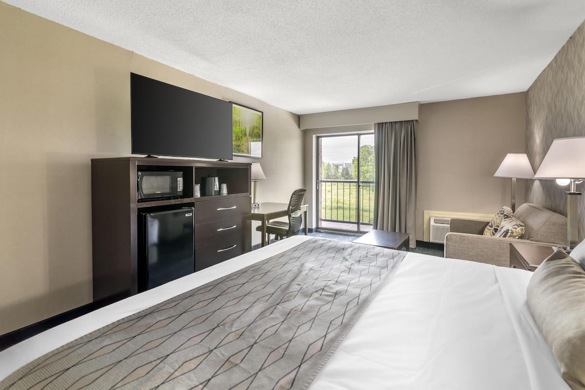 A hotel room with a bed, a desk, a television, a microwave, and a window with a view of the outdoors.
