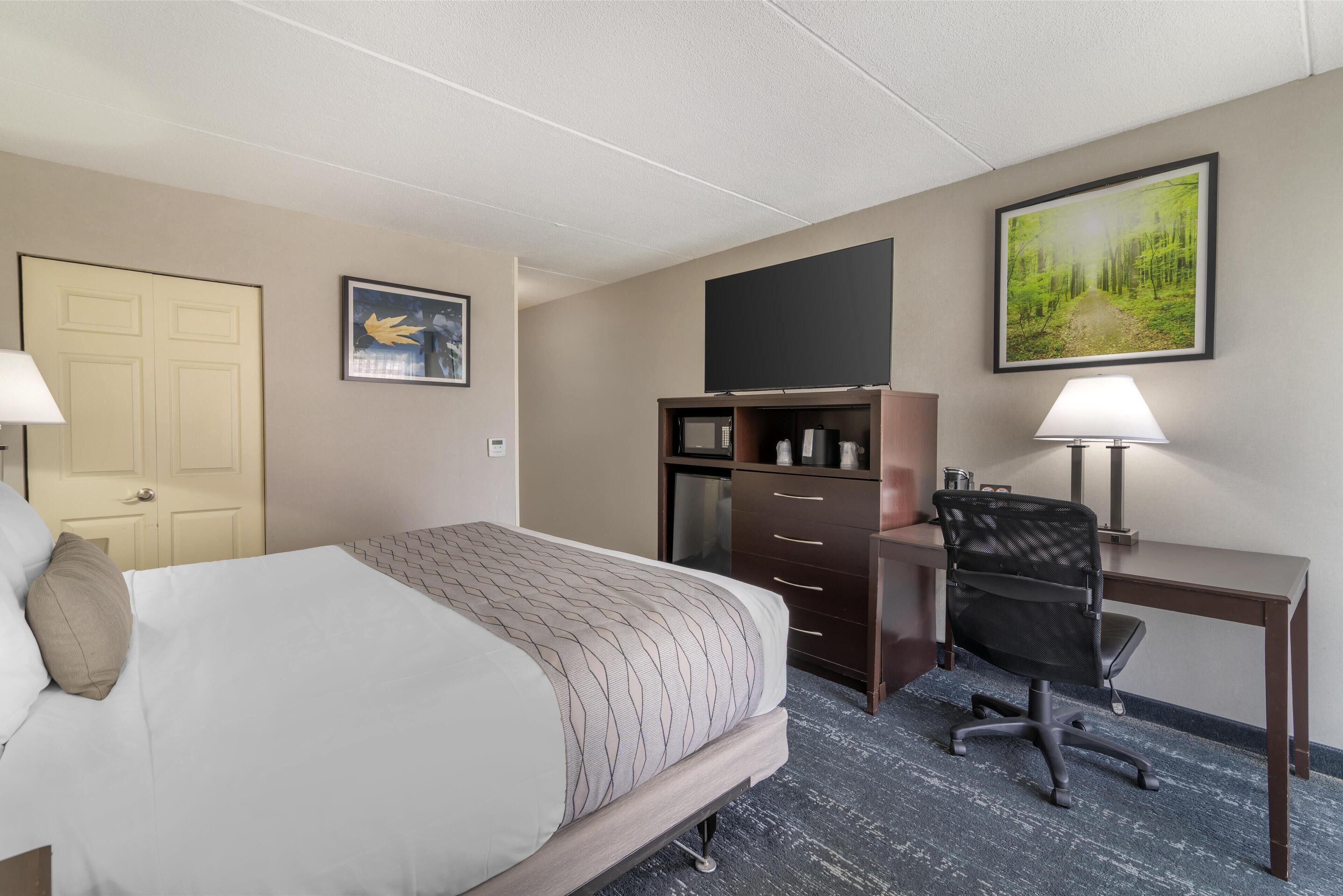 Habitación de hotel con cama, escritorio, silla y un cuadro en la pared.