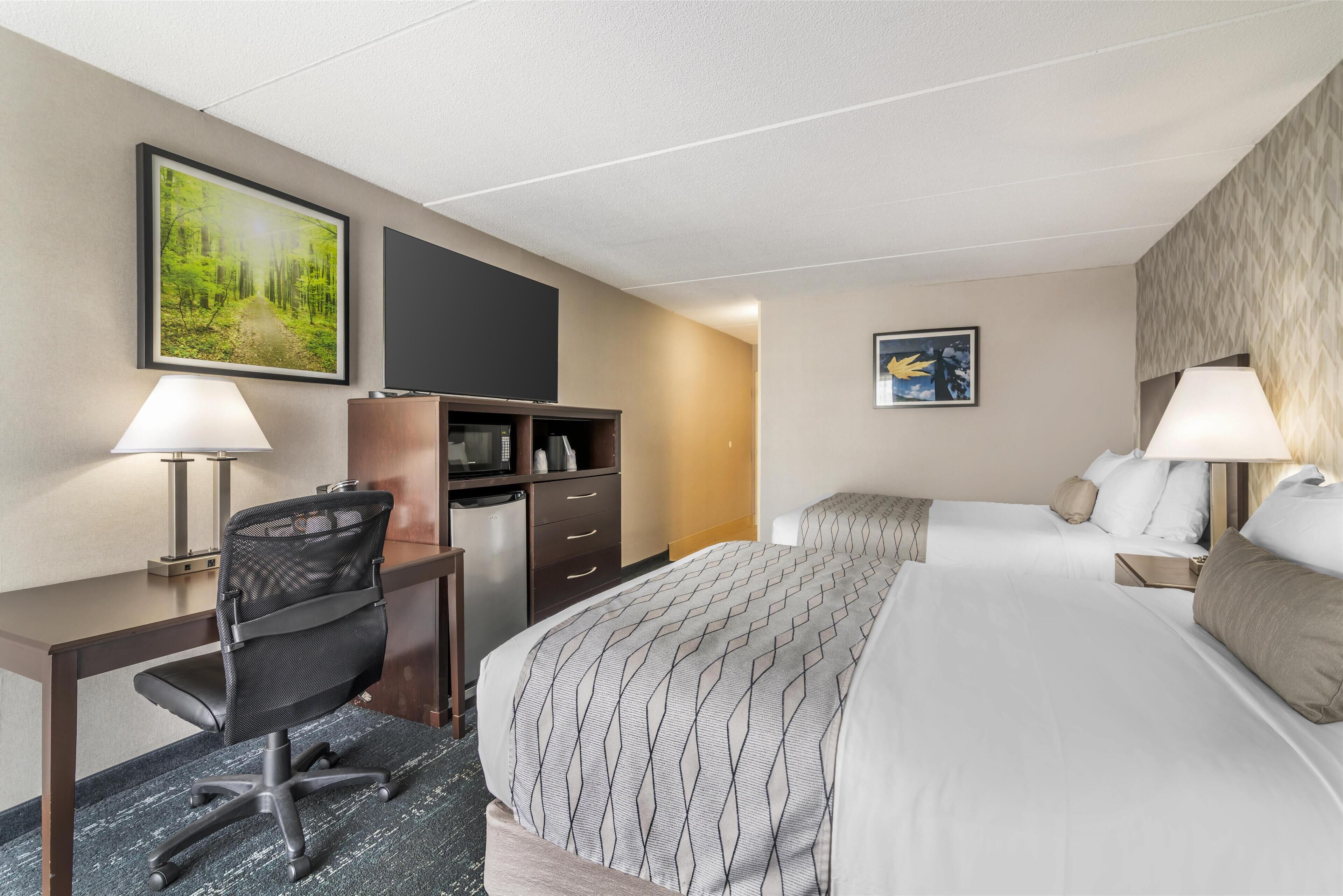 A hotel room with a bed, desk, chair, TV, and artwork on the walls.