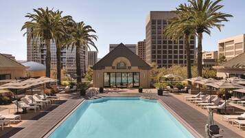 Outdoor pool, open 8:00 AM to 7:00 PM, pool umbrellas, sun loungers