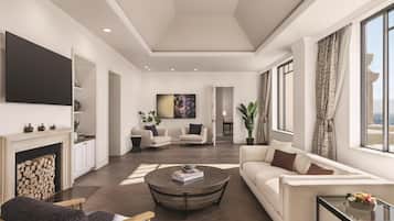 A modern living room with a fireplace, a round coffee table, sofas, and a large window with curtains.