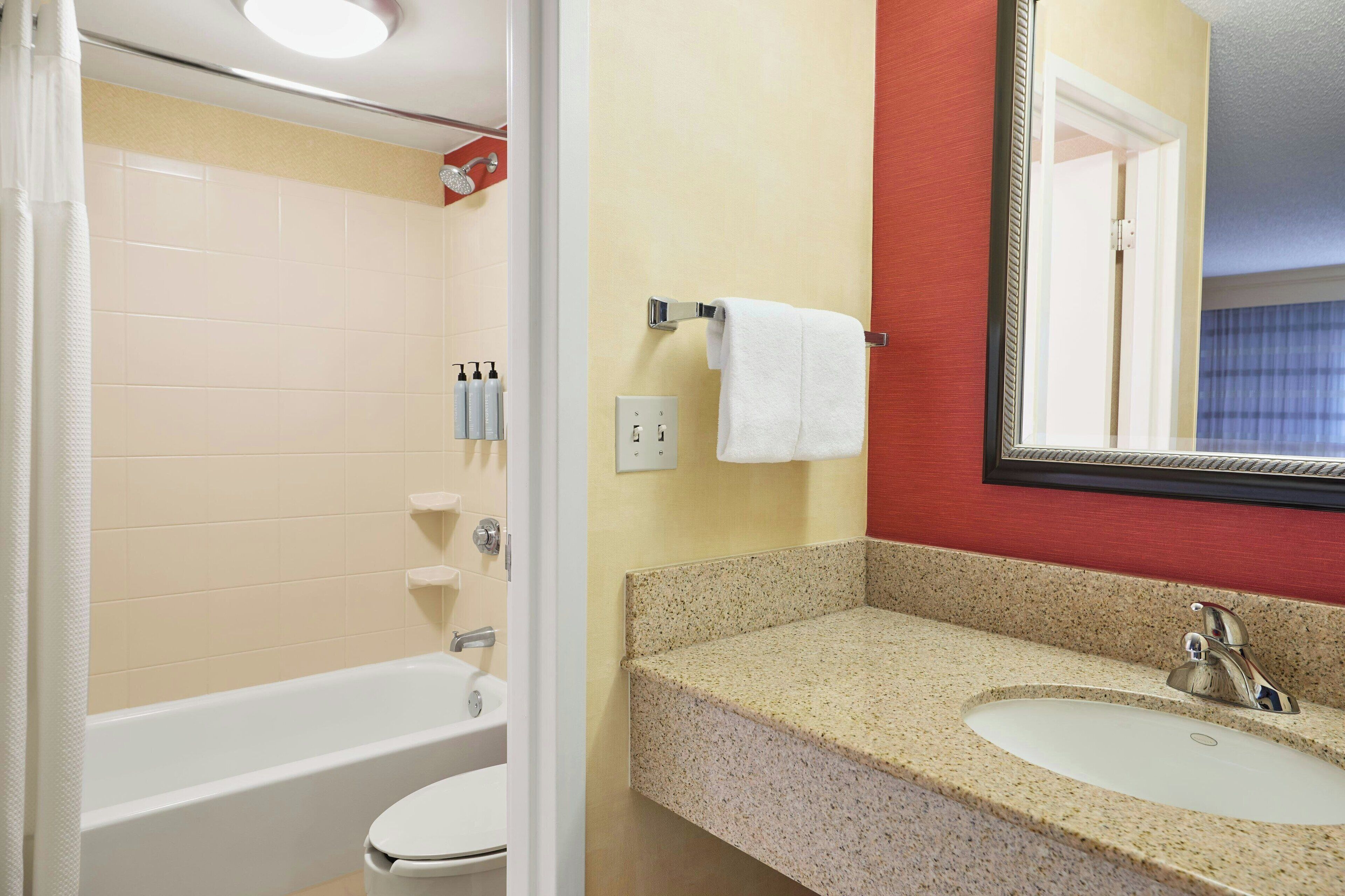 combined shower/bathtub, free toiletries, hair dryer, towels