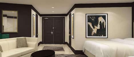 A hotel room with a white sofa, a bed, a small round table, and a large abstract painting on the wall.