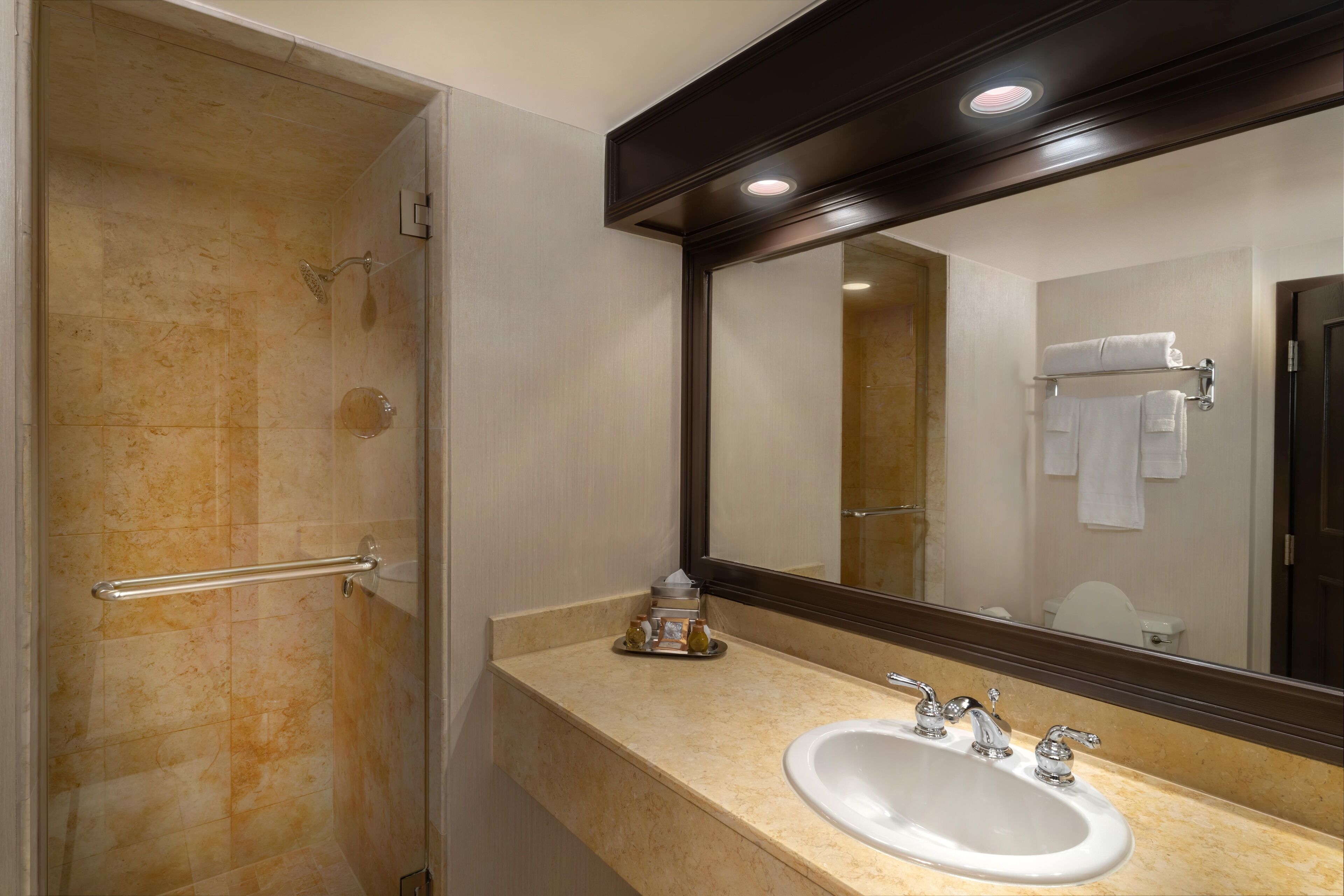 A bathroom with a shower, a sink, and a mirror.