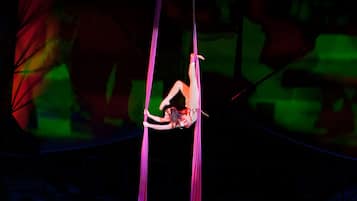 Espectáculo de circo con artistas realizando acrobacias en telas frente a un telón pintado.