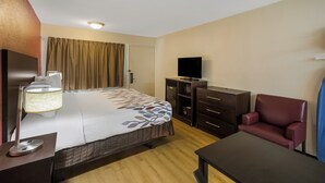 Una habitación de hotel con una cama, un escritorio, una silla, un televisor y un armario.