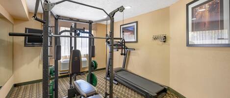 A gym with a weight bench, squat rack, and treadmill.