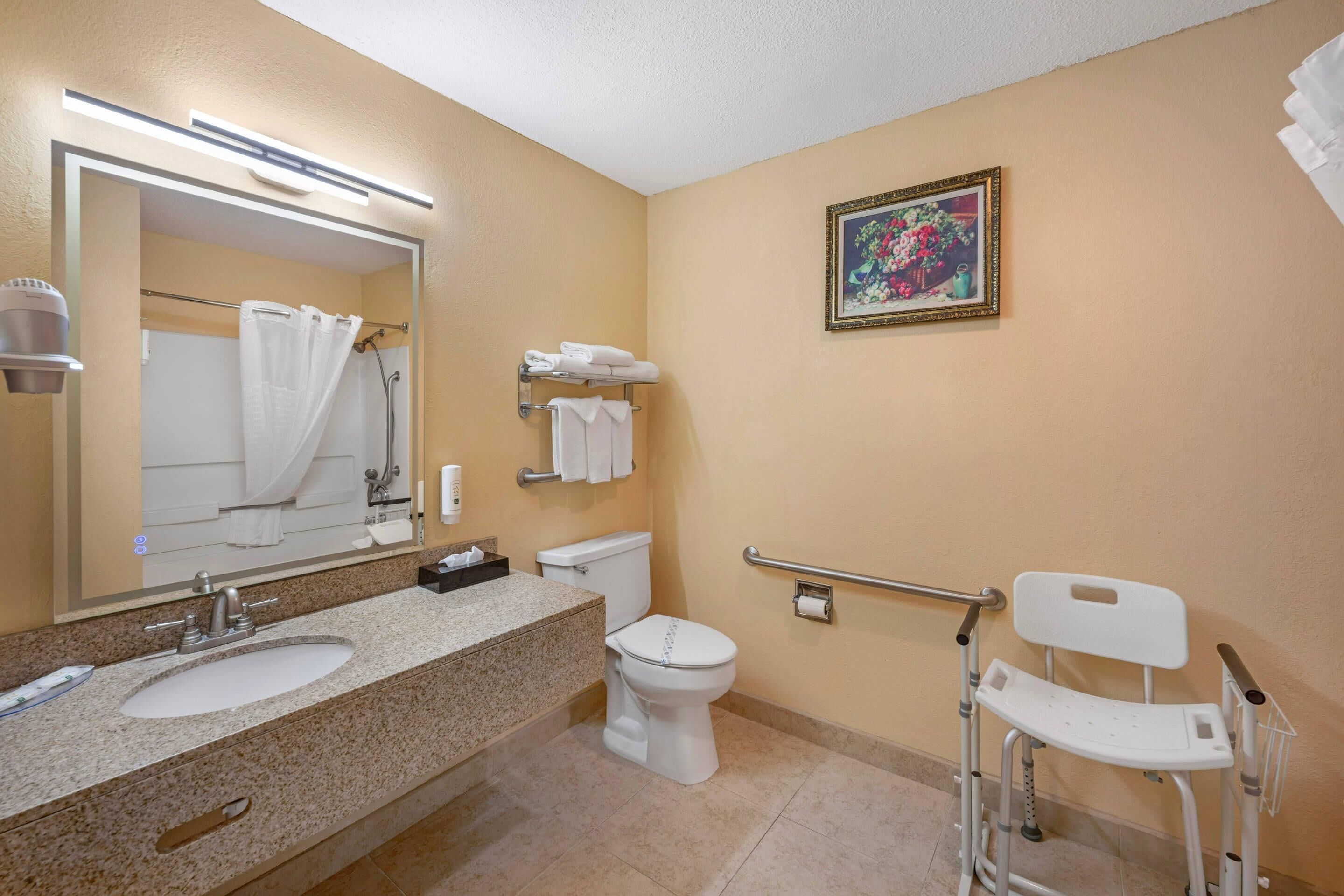 Une salle de bain équipée d’un lavabo, de toilettes et d’un banc accessible aux personnes en fauteuil roulant.