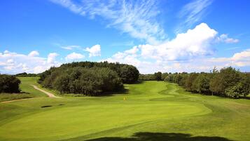 Enjoy a round of golf on our meticulously maintained course, surrounded by lush greenery and gentle slopes.