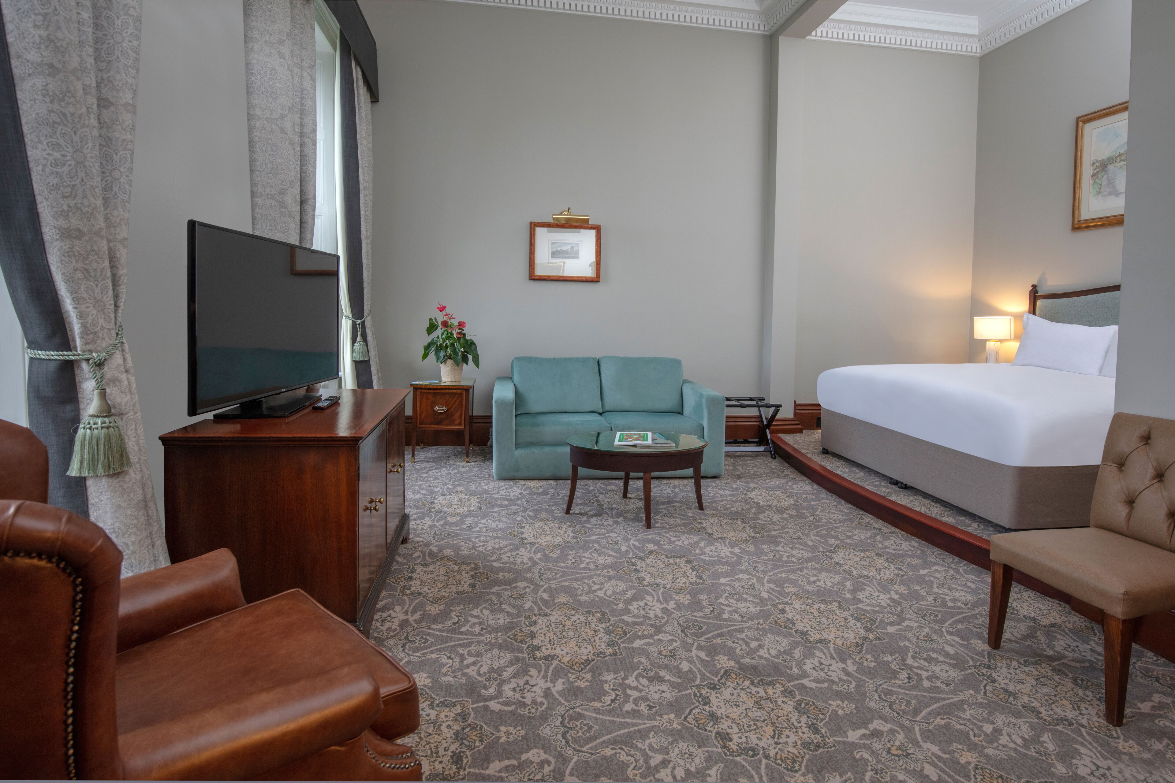 A hotel room with a large bed, a sofa, a television, a small table, and a decorative plant.
