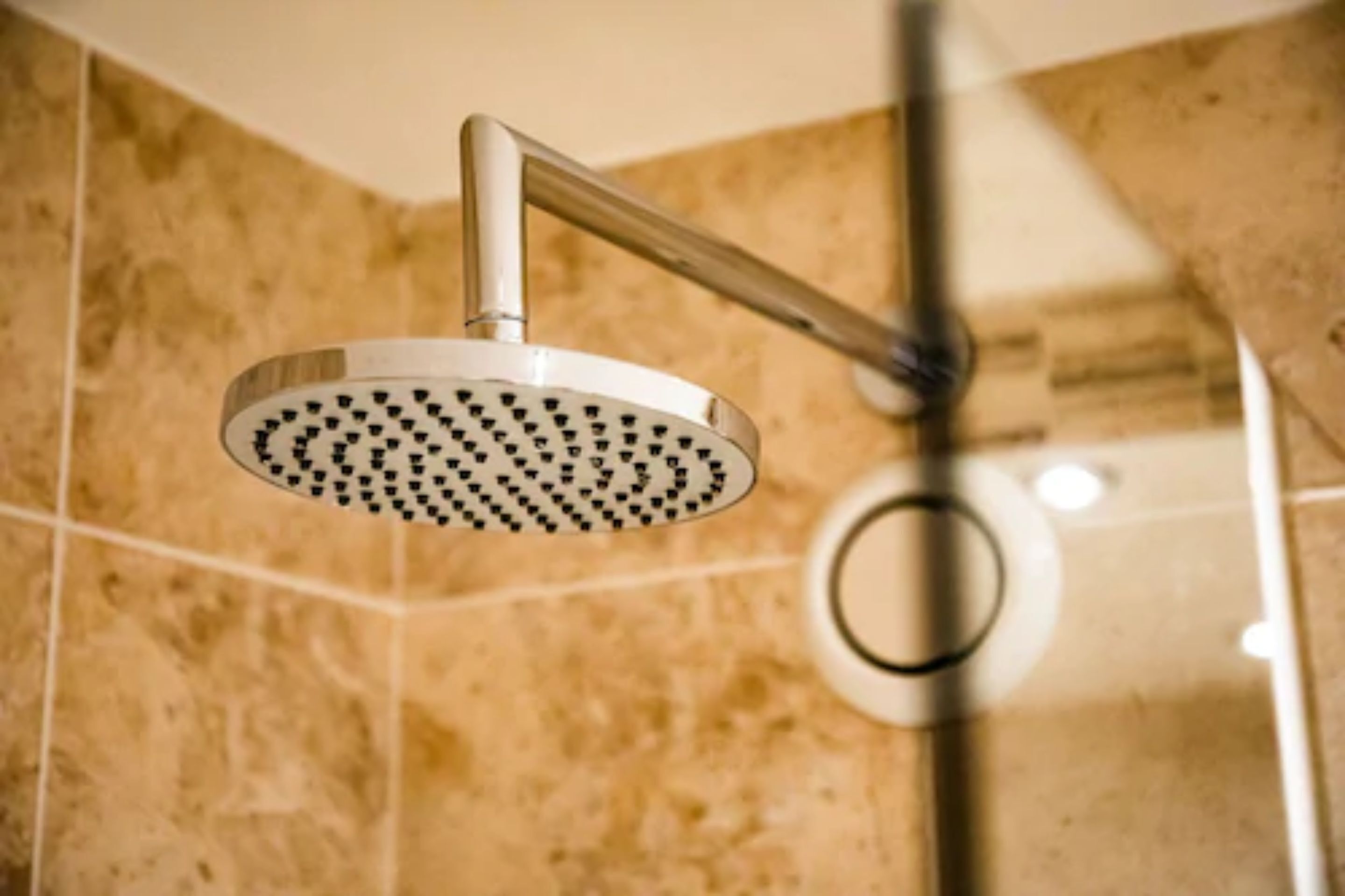 A showerhead with a circular design and a curved handle.