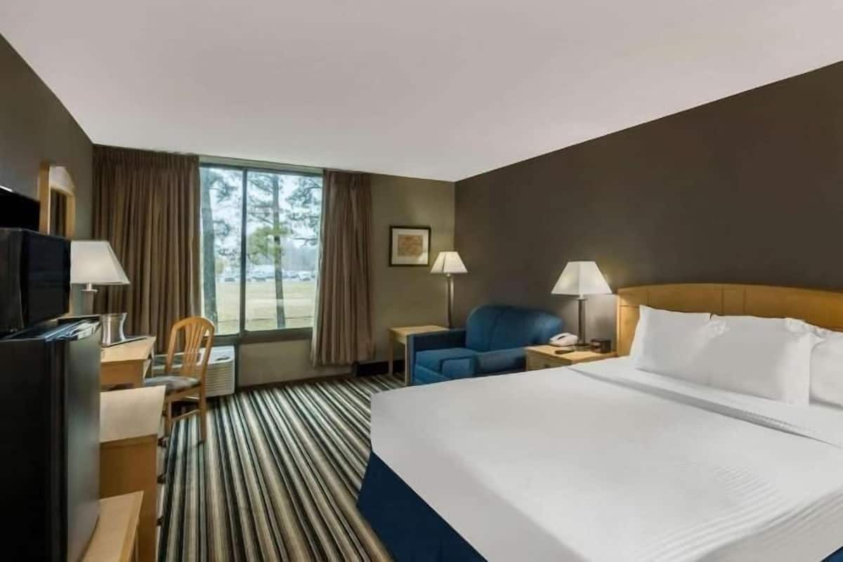 1 bedroom, desk, laptop workspace, blackout curtains