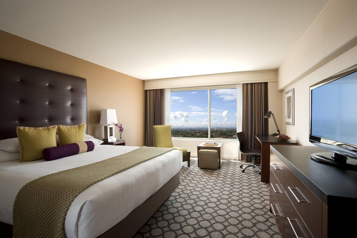 A hotel room with a large bed, a desk, a chair, a TV, and a window with a city view.