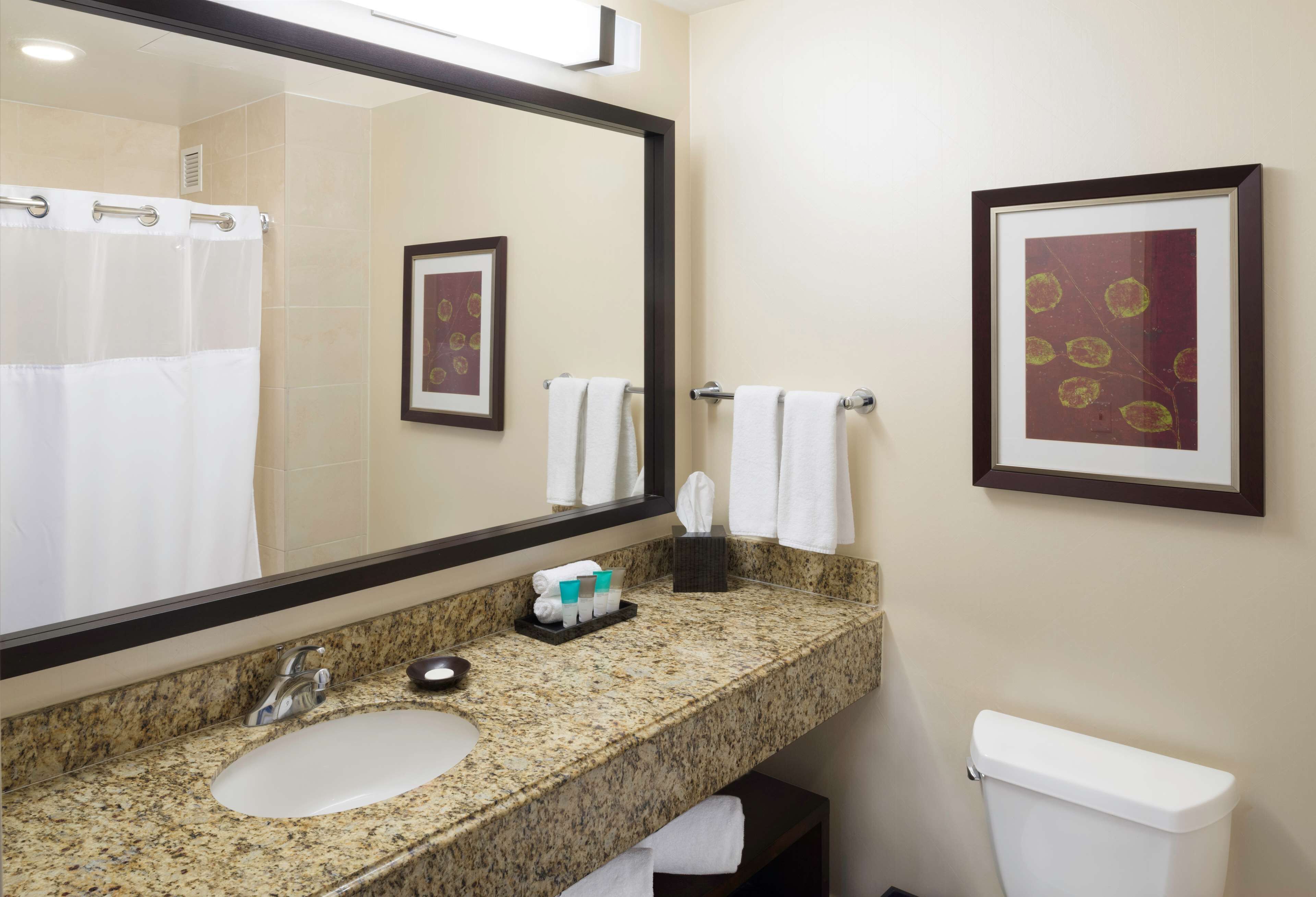 combined shower/bathtub, designer toiletries, hair dryer, towels