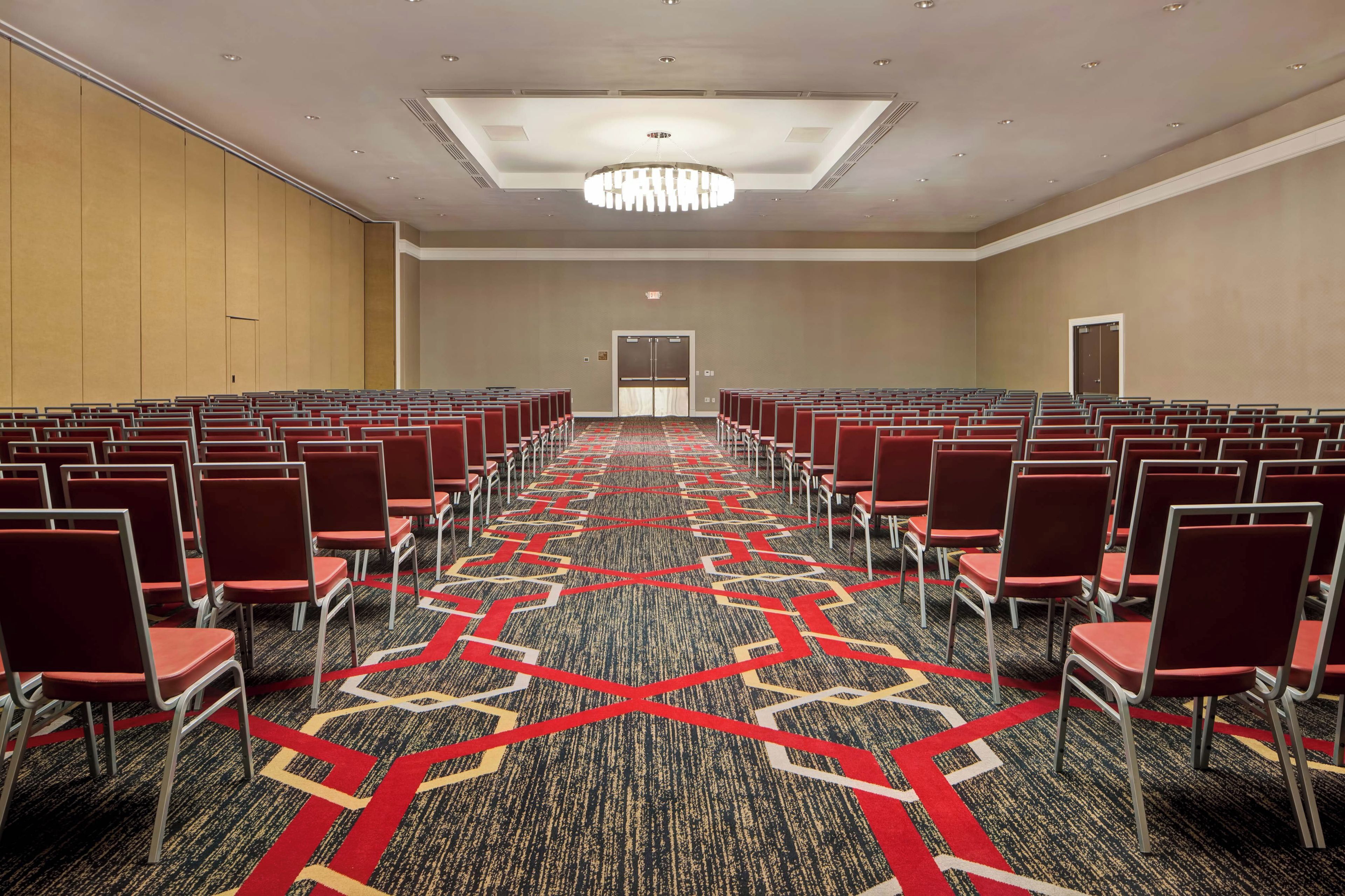 A conference room with rows of chairs, a patterned carpet, and a ceiling light fixture.