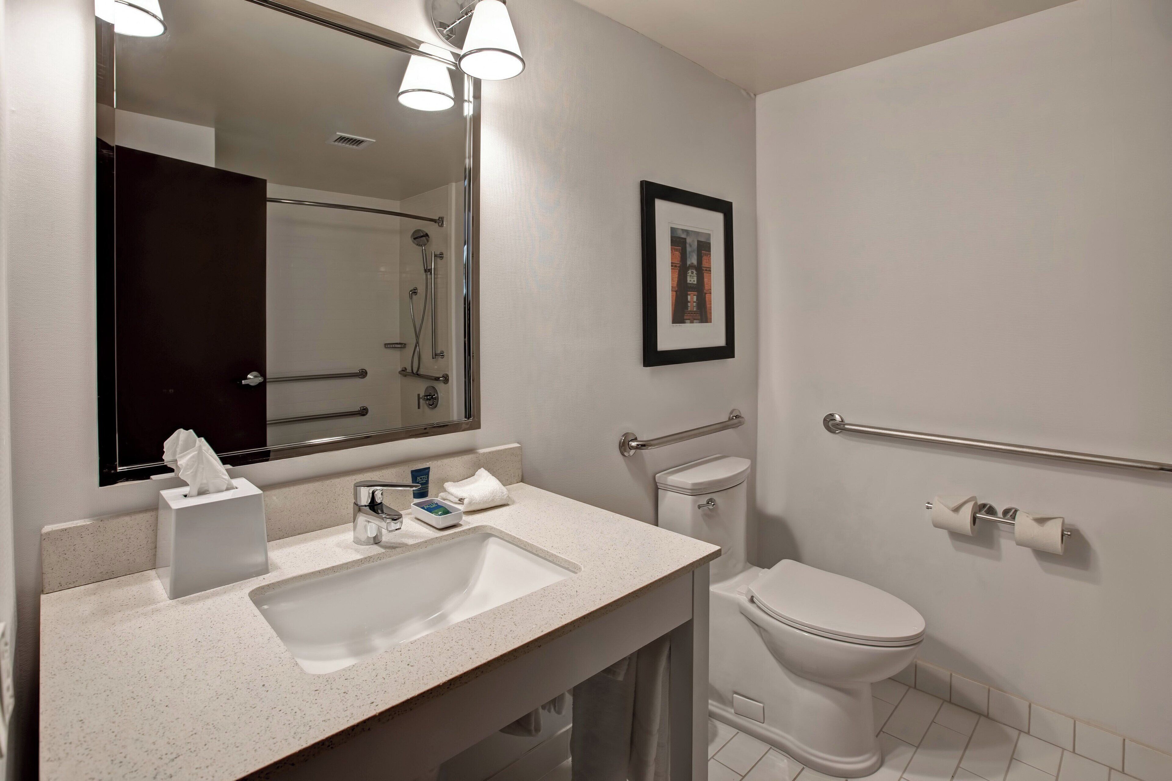 A modern bathroom with a sink, mirror, toilet, and handrails.