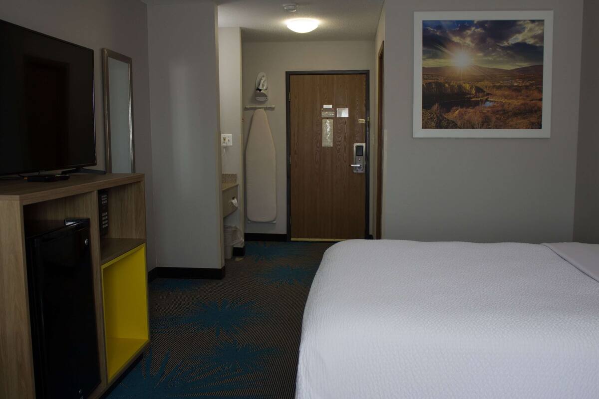 A hotel room with a bed, a television, a small refrigerator, a bathroom with a shower, and a painting on the wall.