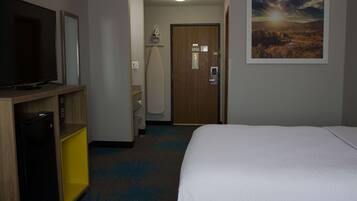 A hotel room with a bed, a television, a small refrigerator, a bathroom with a shower, and a painting on the wall.
