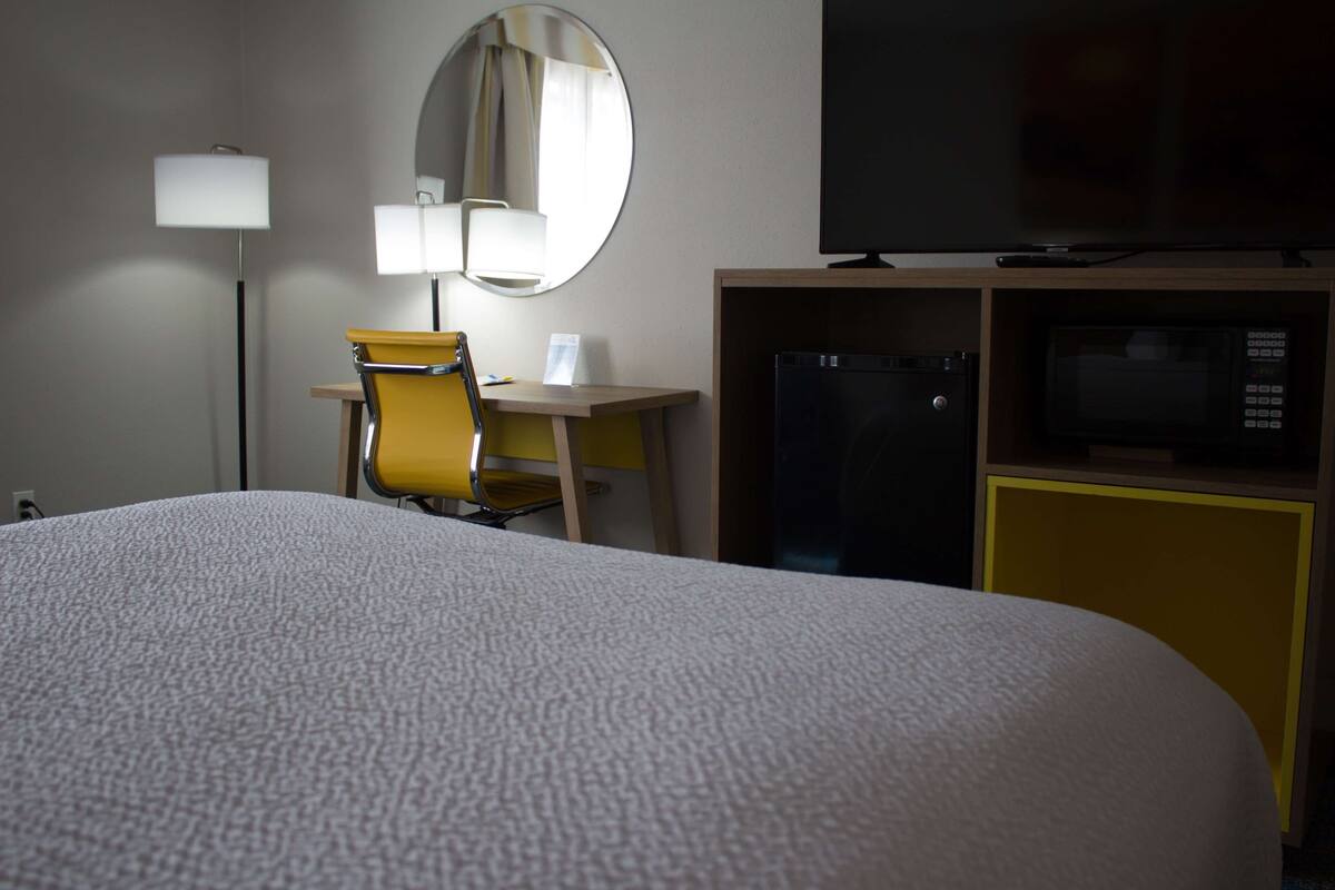 A hotel room with a large bed, a desk with a chair, a television, a mirror, and a microwave.