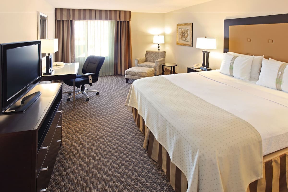 A hotel room with a bed, desk, TV, chair, lamps, and a painting on the wall.