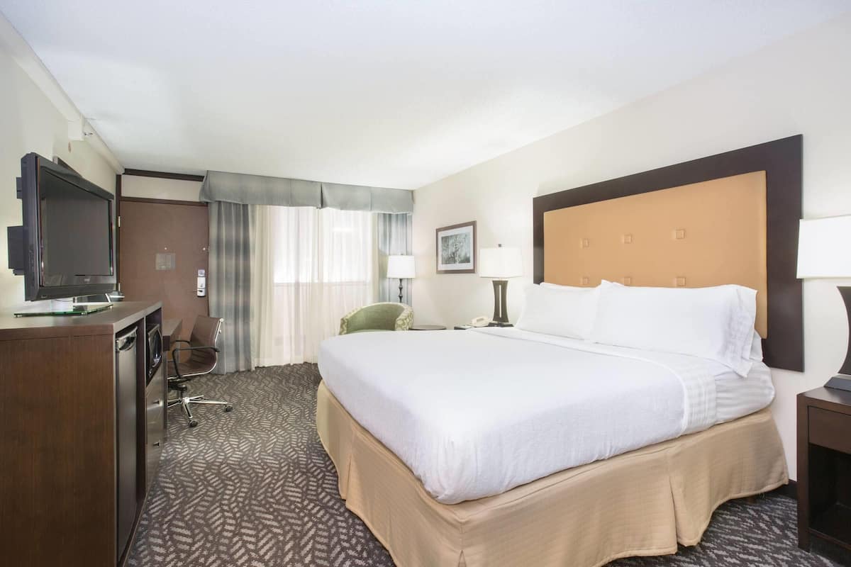 A hotel room with a large bed, a desk with a television, a chair, and a desk lamp.