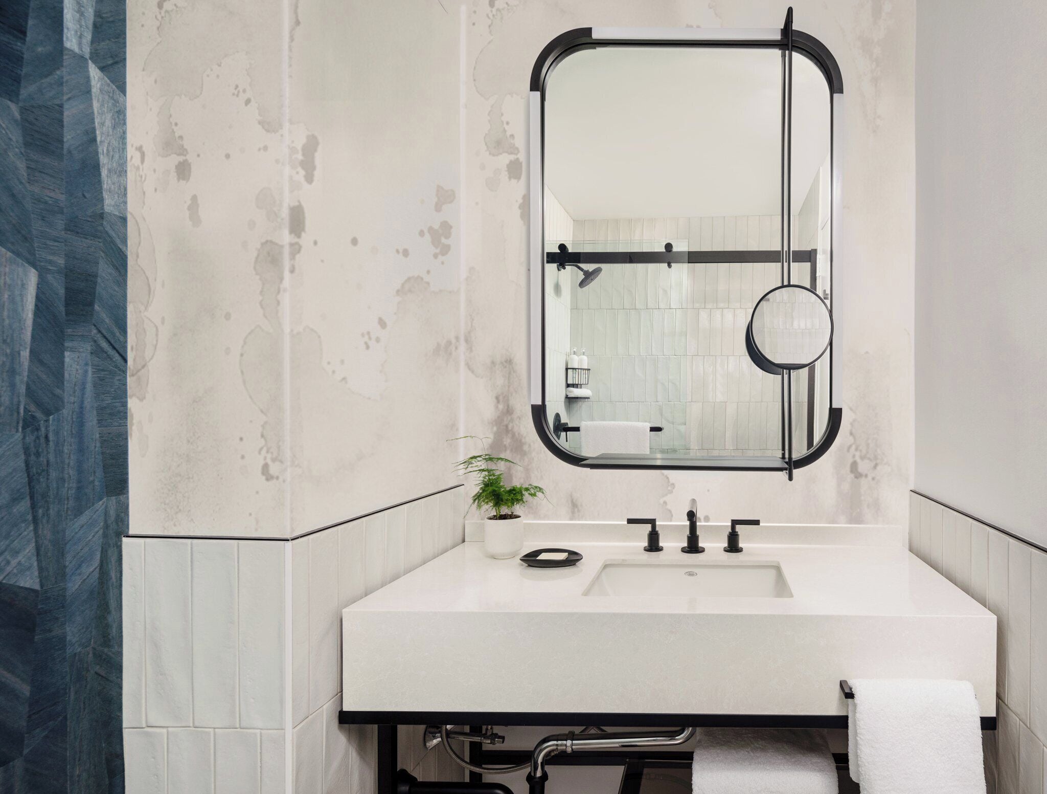 A bathroom with a white sink, a mirror, and a potted plant.