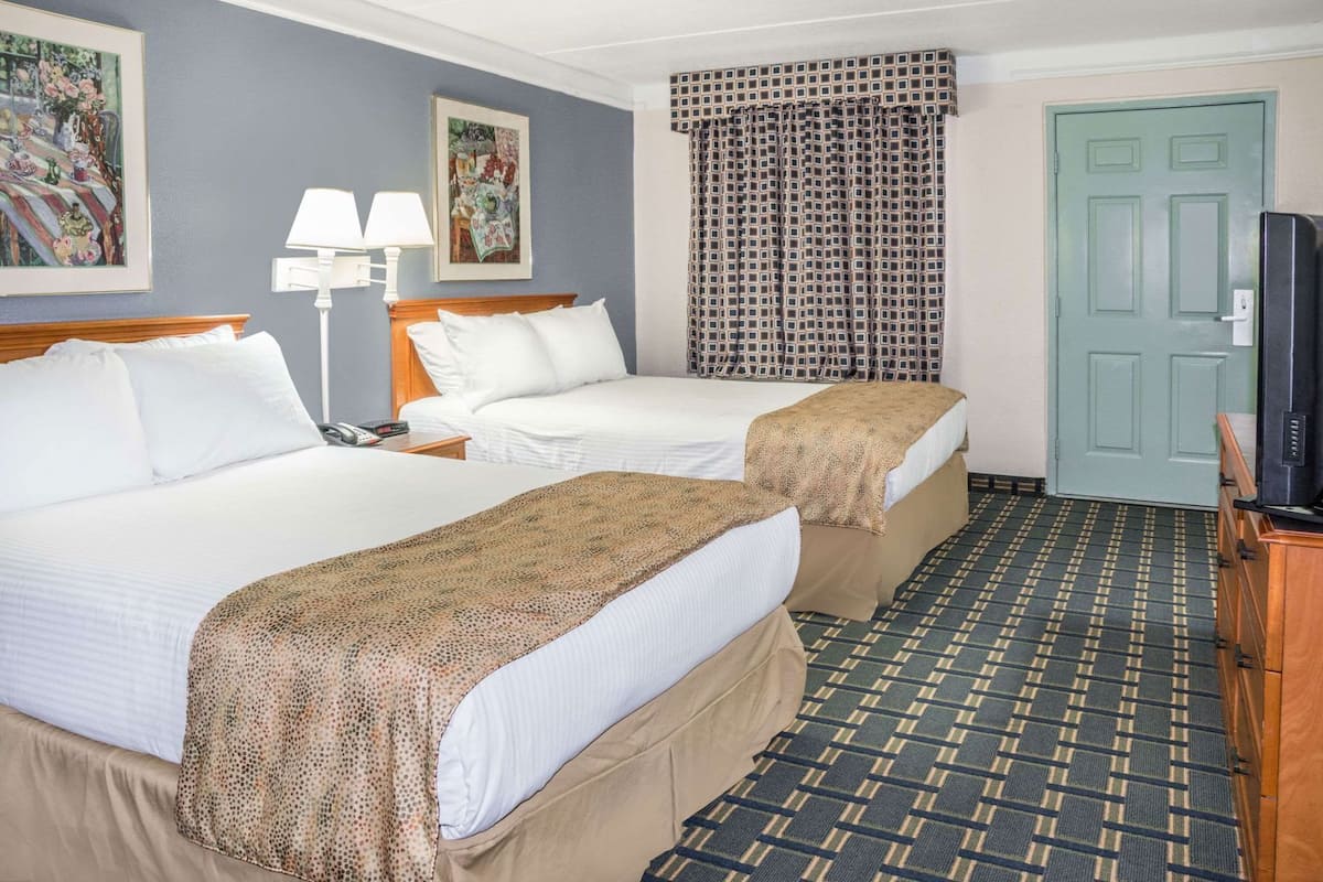 A hotel room with two beds, a television, a lamp, and a door.
