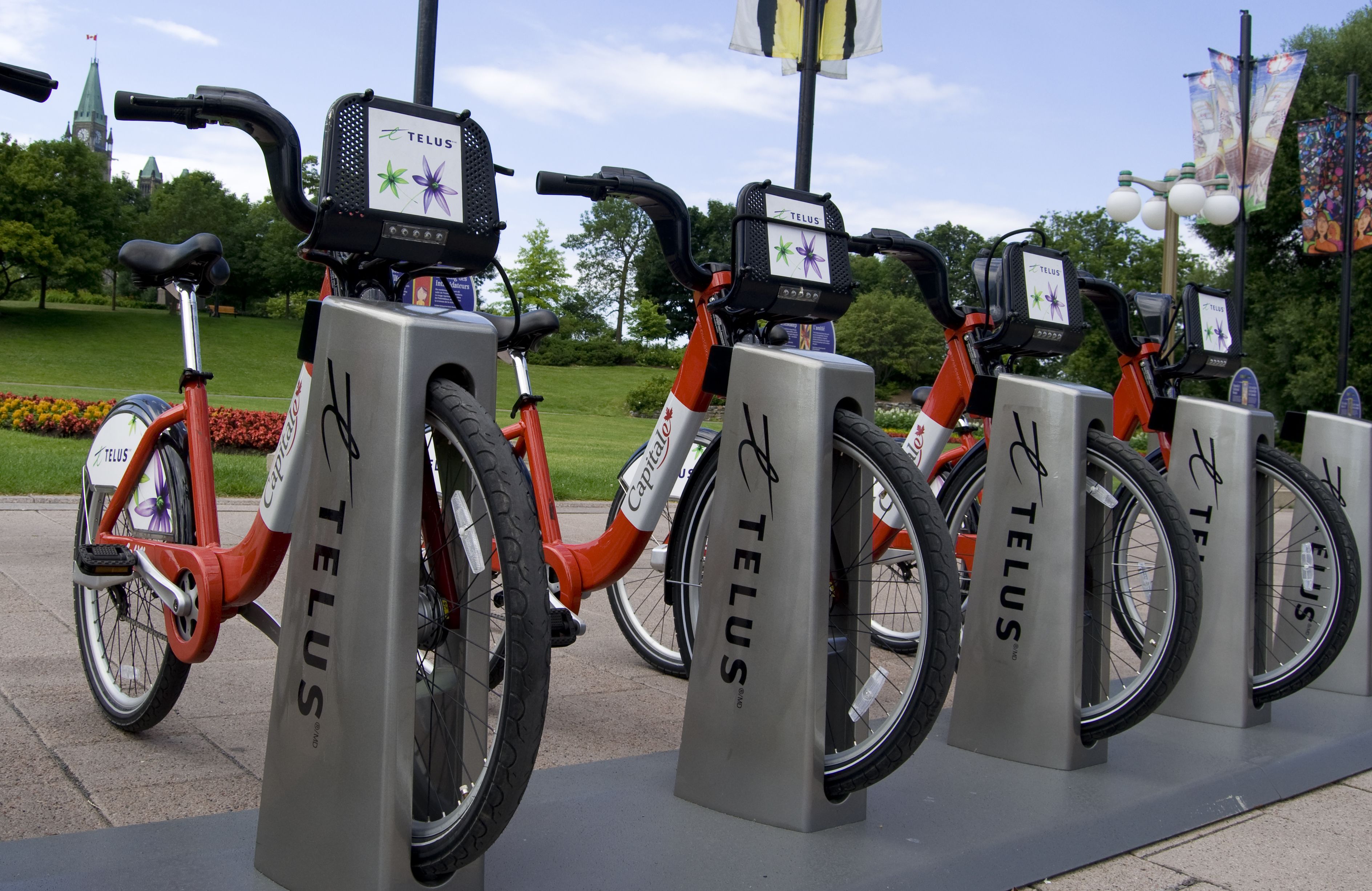 A row of red bicycles with 'TELUS' branding, parked on a gray stand in an outdoor setting.