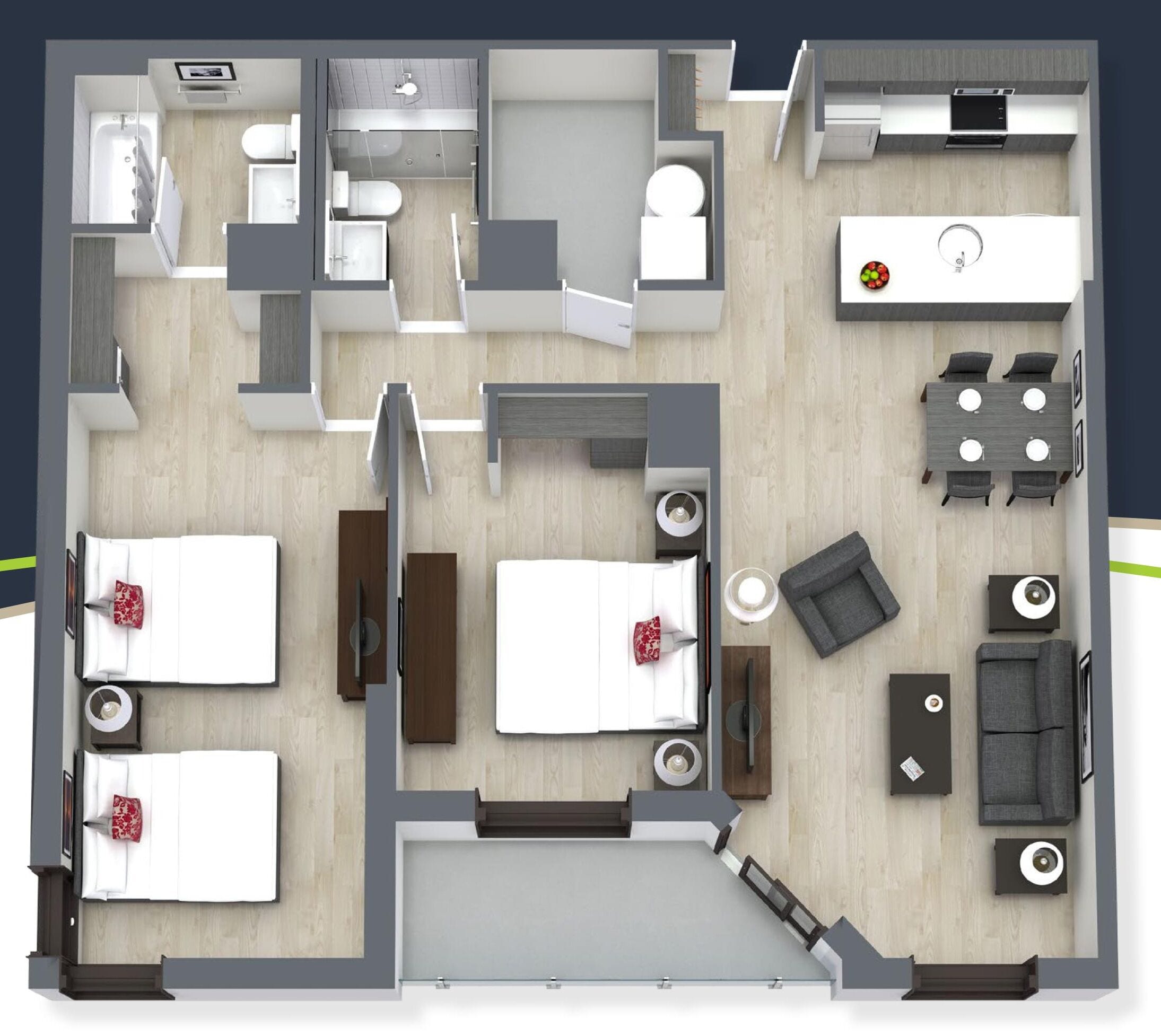 A hotel room layout with a bed, bedside tables, a desk, a chair, a sofa, a small table, and a TV.