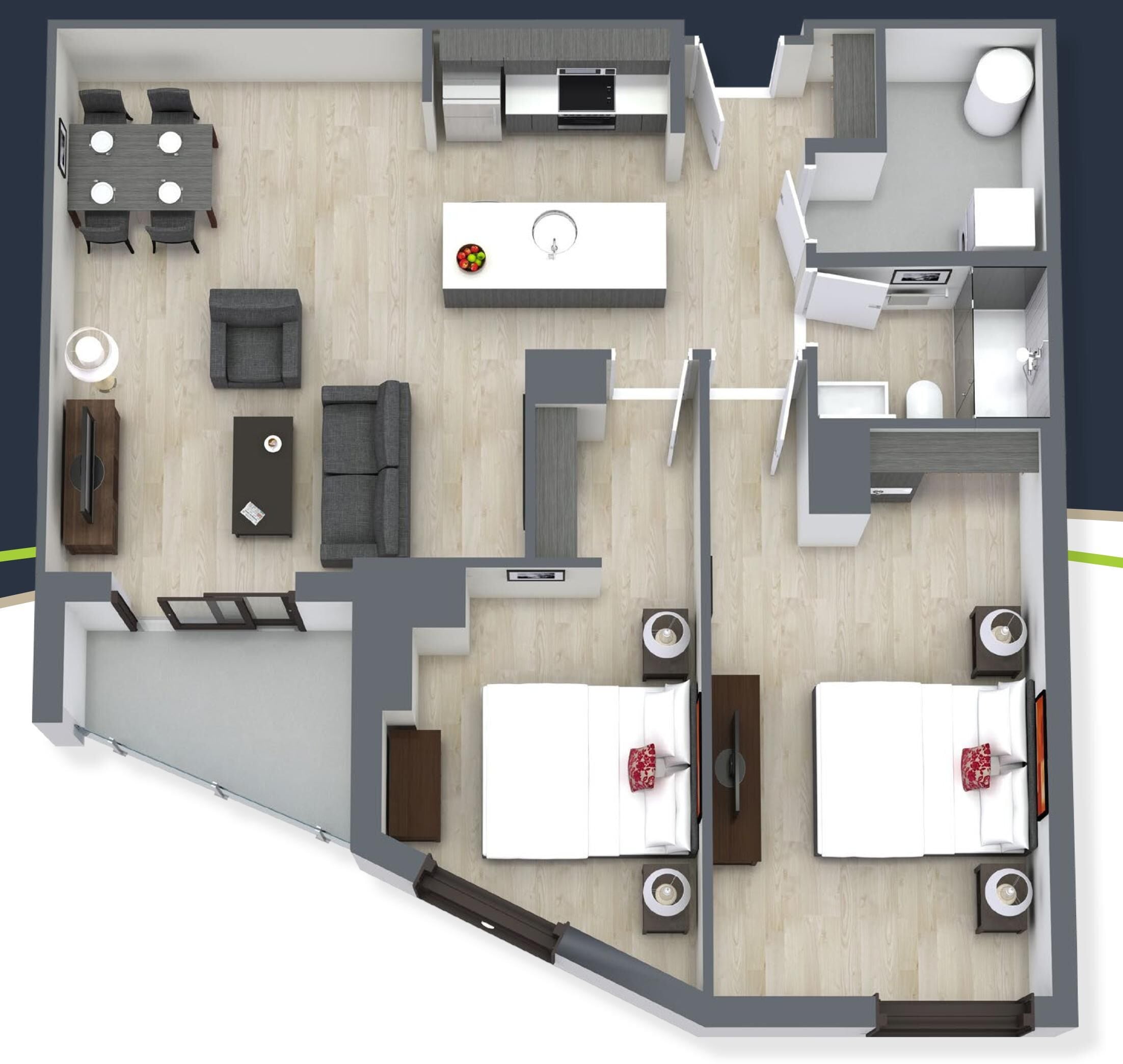 A modern apartment layout with a dining area, kitchen, two bedrooms, a bathroom, and a living room.