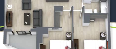 A modern apartment layout with a dining area, kitchen, two bedrooms, a bathroom, and a living room.