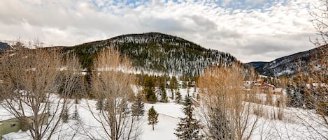 A mountainous landscape with snow-covered ground and trees.