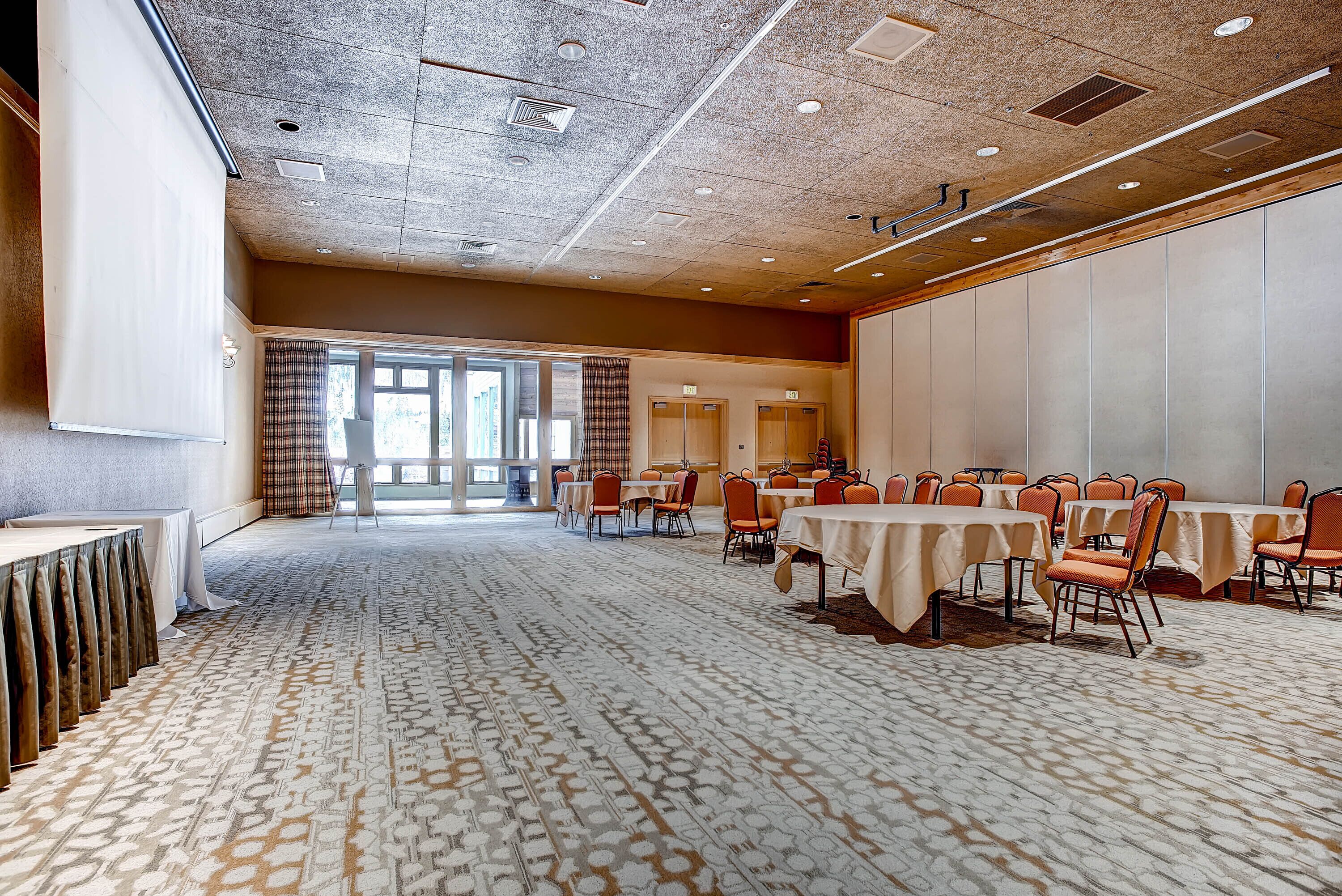 Una sala conferenze con tavoli e sedie, una moquette decorata e un soffitto alto con illuminazione a incasso.