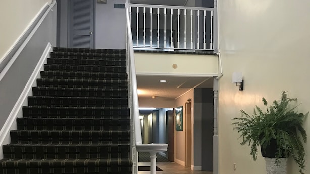 A staircase with a dark patterned carpet leading to a second-floor landing.