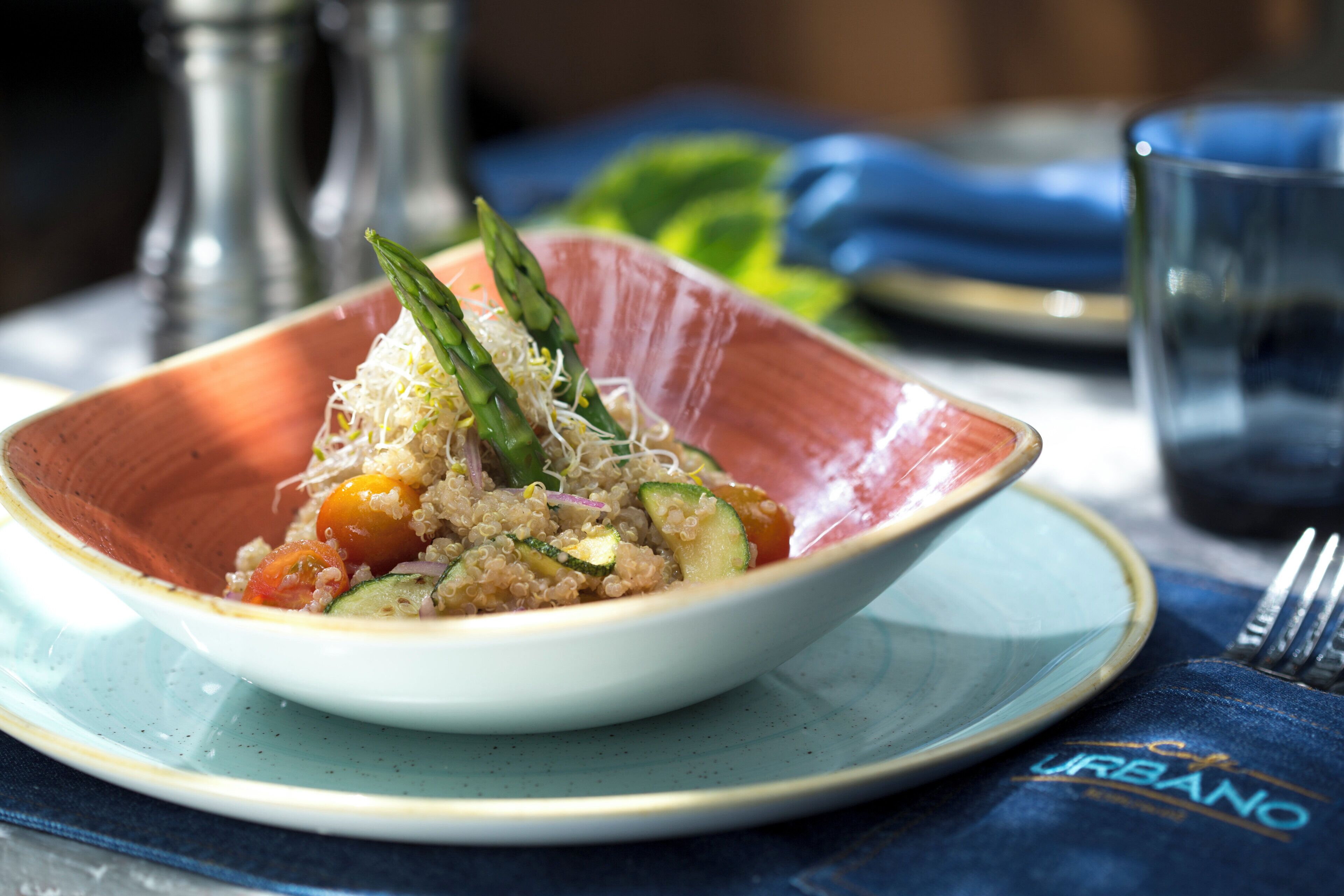 A bowl of food on a plate with a napkin and a fork beside it.