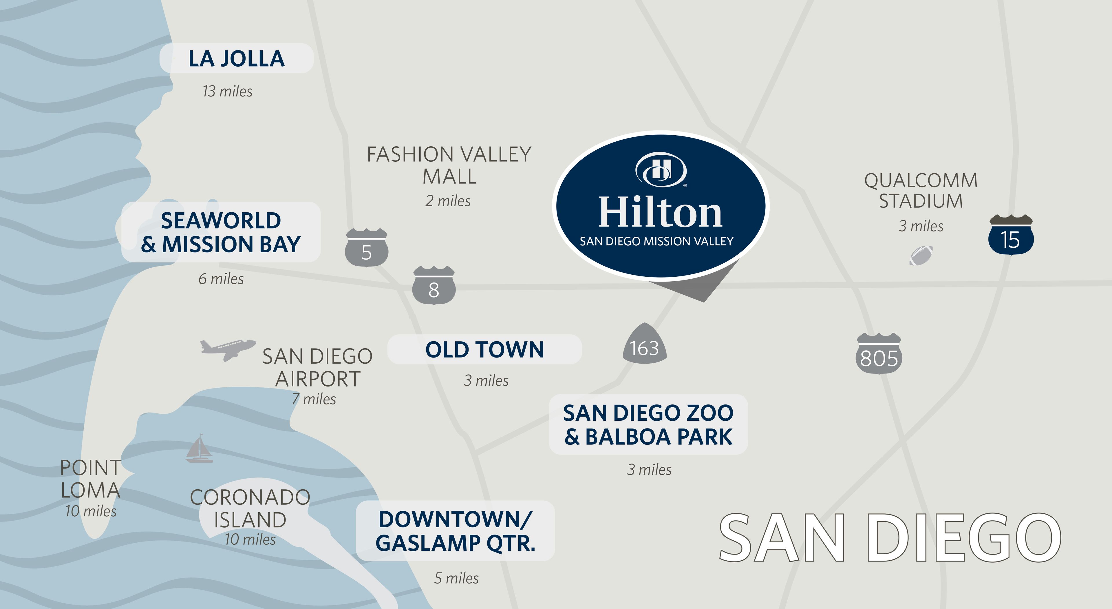 Et kort over San Diego, hvor Hilton San Diego Mission Valley hotellet er markeret i midten.