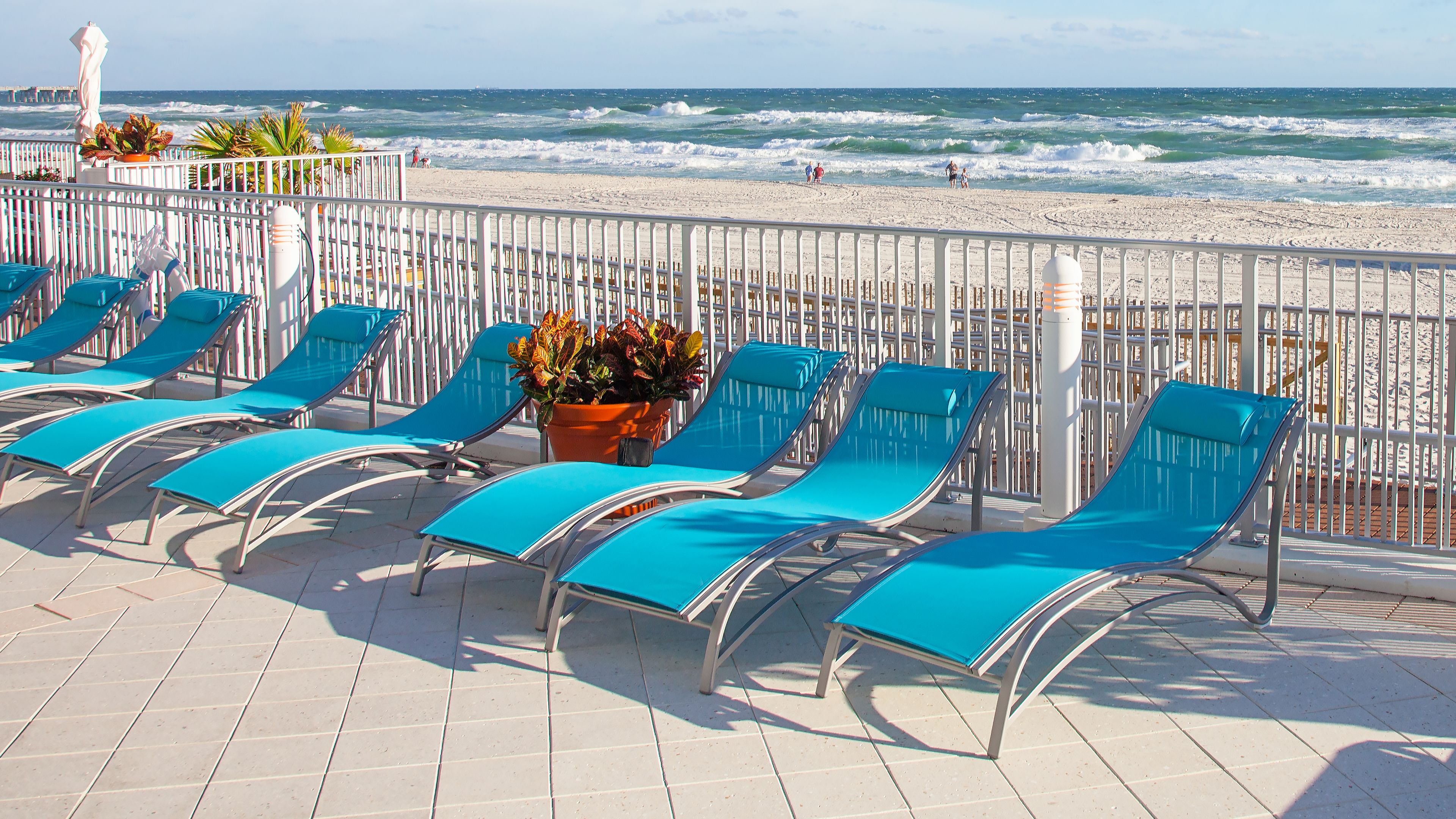A beachside lounge with sun loungers and potted plants.