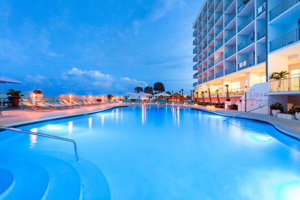 Indoor pool, outdoor pool, pool umbrellas, sun loungers