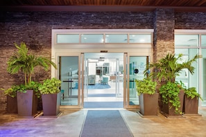 A hotel entrance with a glass door, potted plants, and a carpeted path leading inside.