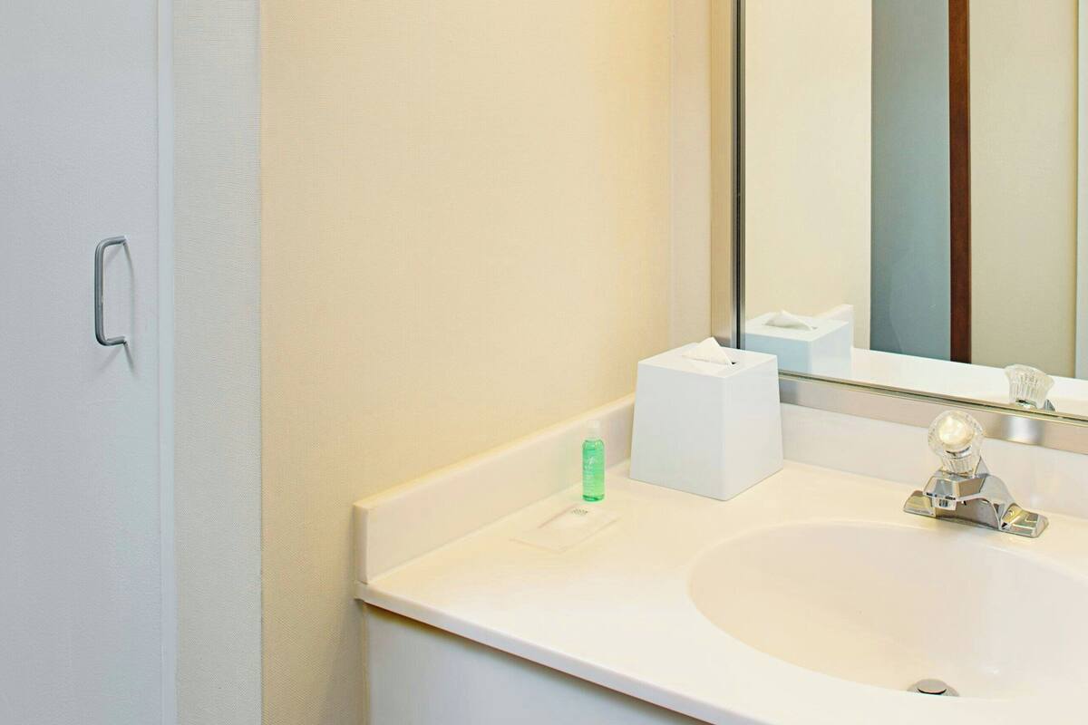 combined shower/bathtub, free toiletries, hair dryer, towels