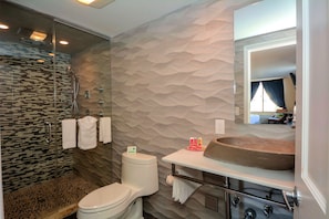 Hair dryer, towels, soap, shampoo
