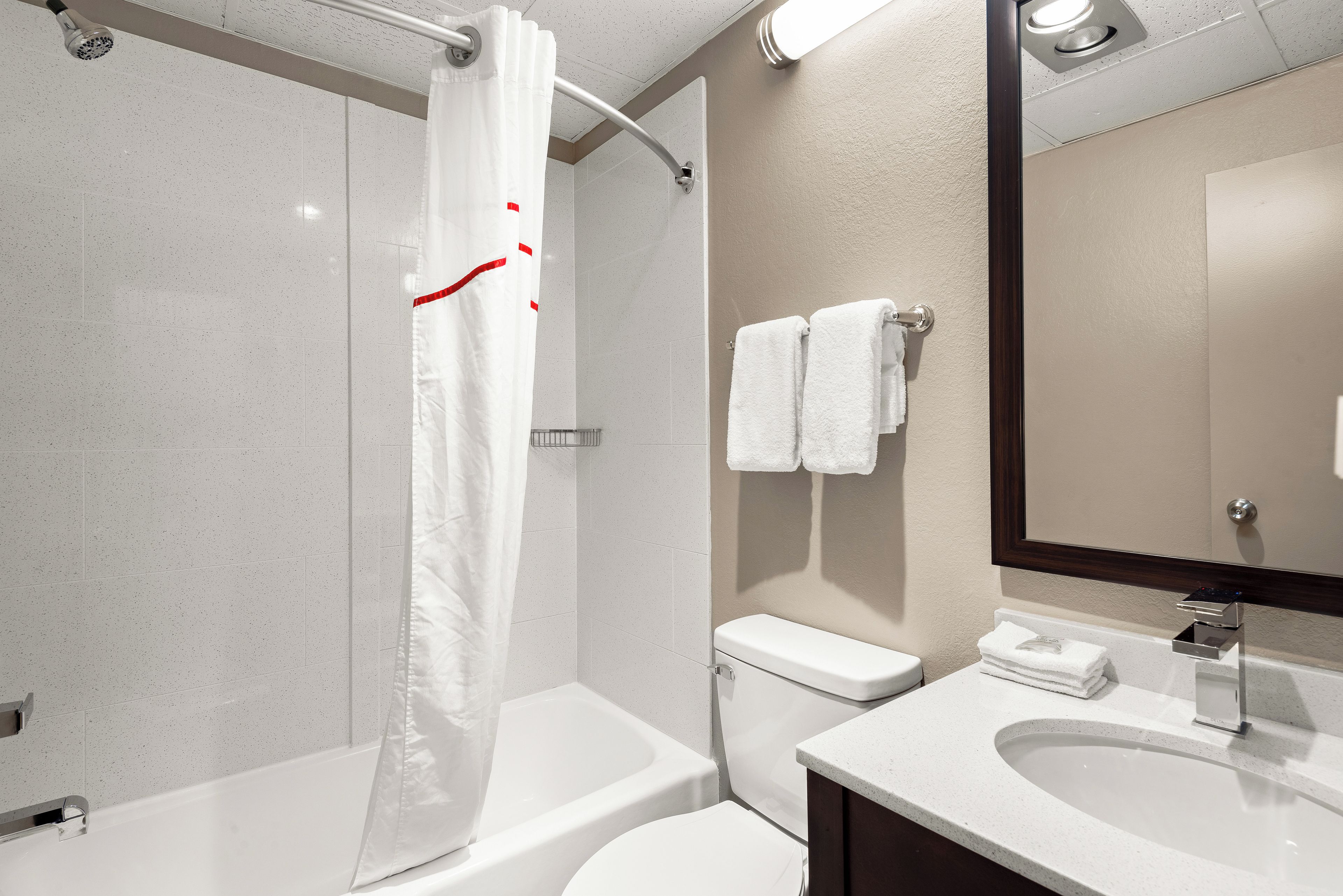 A modern bathroom with a shower, toilet, and sink.
