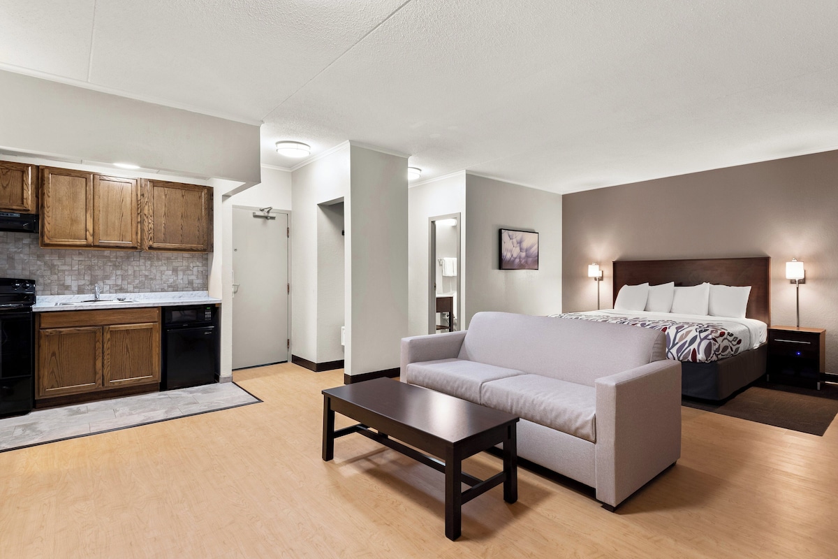 A compact living space with a kitchenette, a sofa, a bed, and a nightstand with lamps.