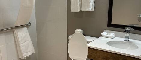 A bathroom with a toilet, sink, mirror, and shower curtain.