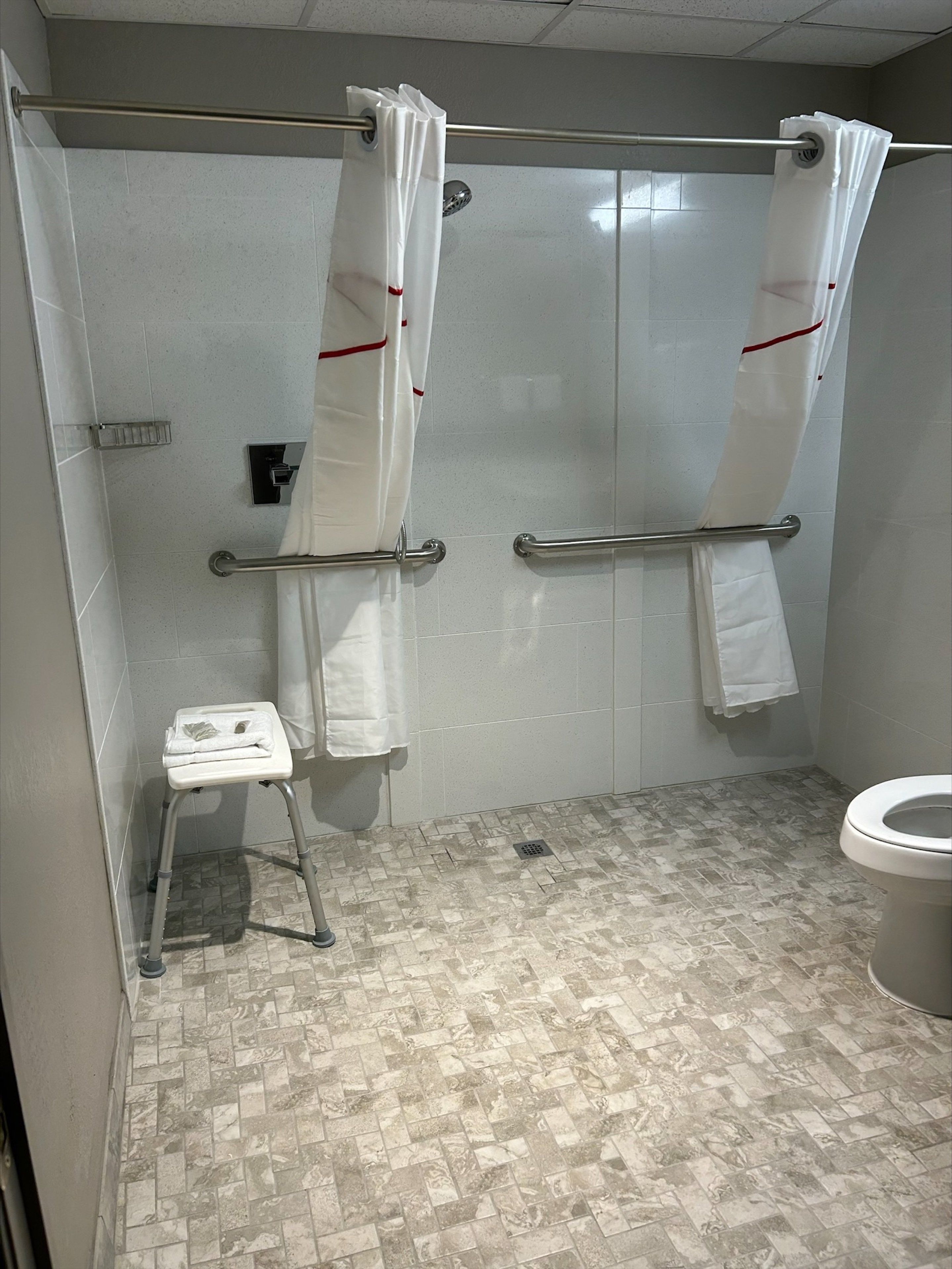A bathroom with a shower, a toilet, and a small step stool.